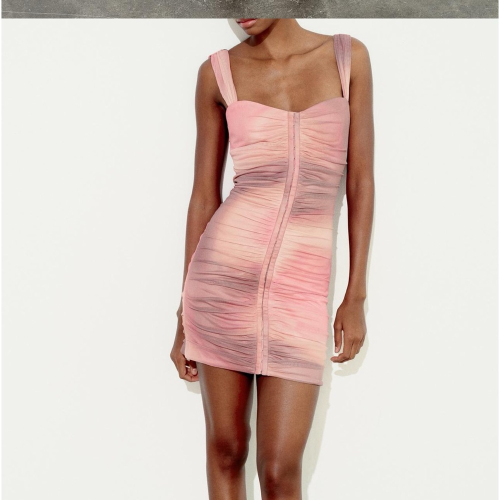 Zara baby pink printed tulle mini dress, sweetheart neckline size medium